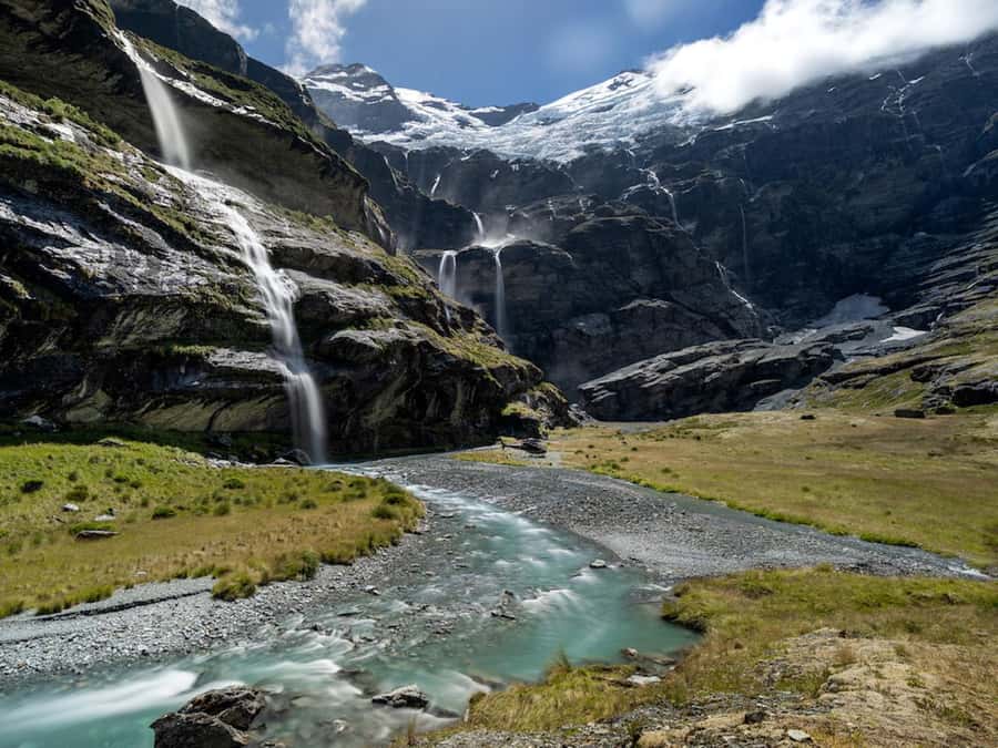 Earnslaw Burn Glacier & Waterfalls | 45 mins from Glenorchy - Summer waterfalls or a snow-covered winter valley